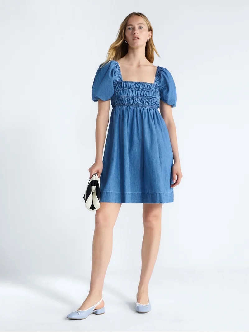 Free Assembly Xl Smocked Cotton Puff Sleeve Mini Dress Denim Blue Nwt Pockets